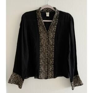 J. Jill Women's Black Embroidered Silk Blend Snap Front Blouse Small